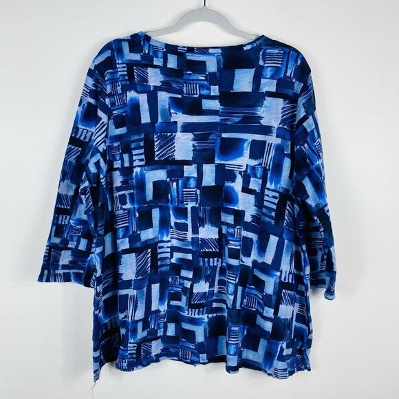 LOGO Lori Goldstein Size Large Printed Cotton Slub 3/4 Sleeve Cardigan Blue - Picture 4 of 5